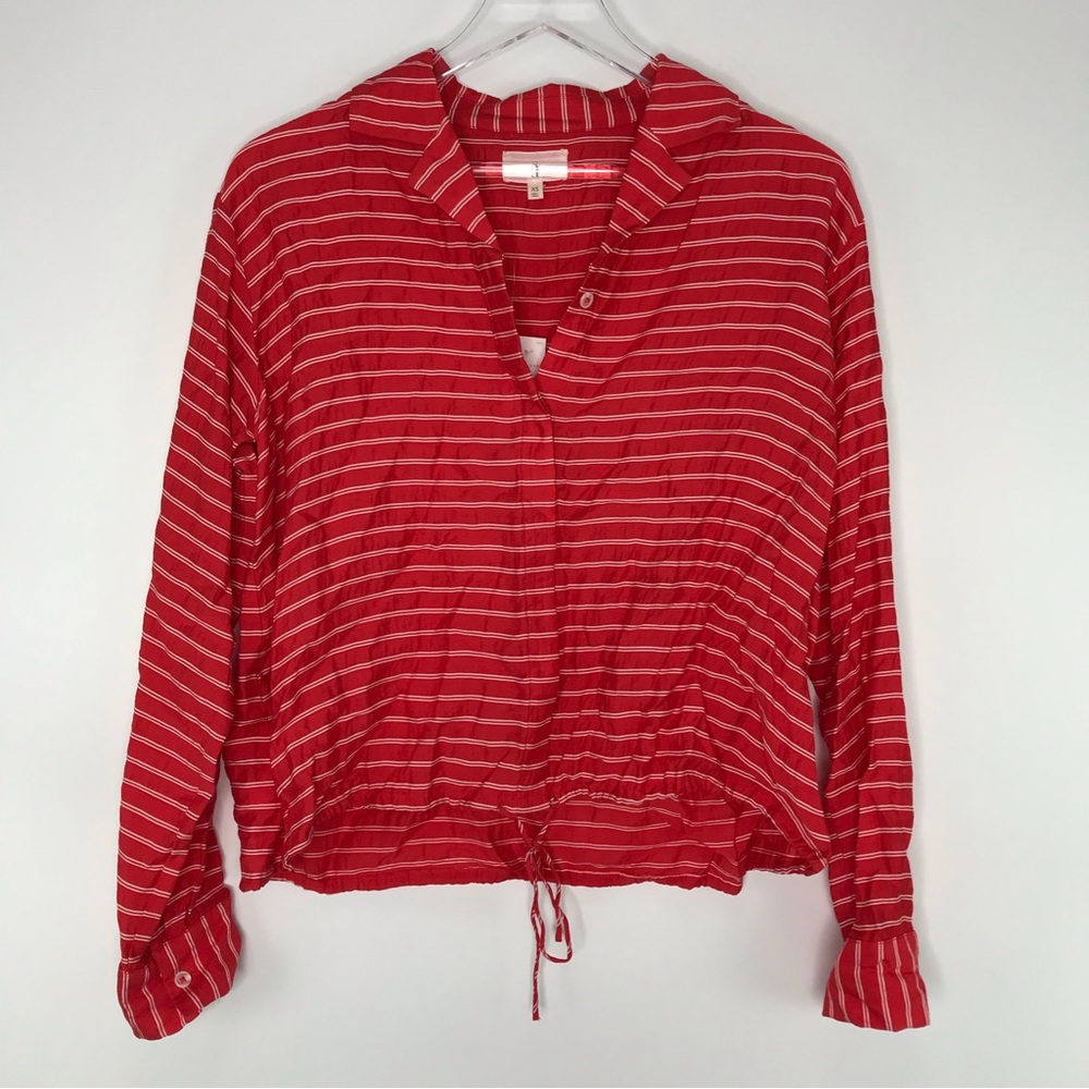 Lou & Grey Red White Striped Cropped Tie Waist Long Sleeve Hidden Button Top XS